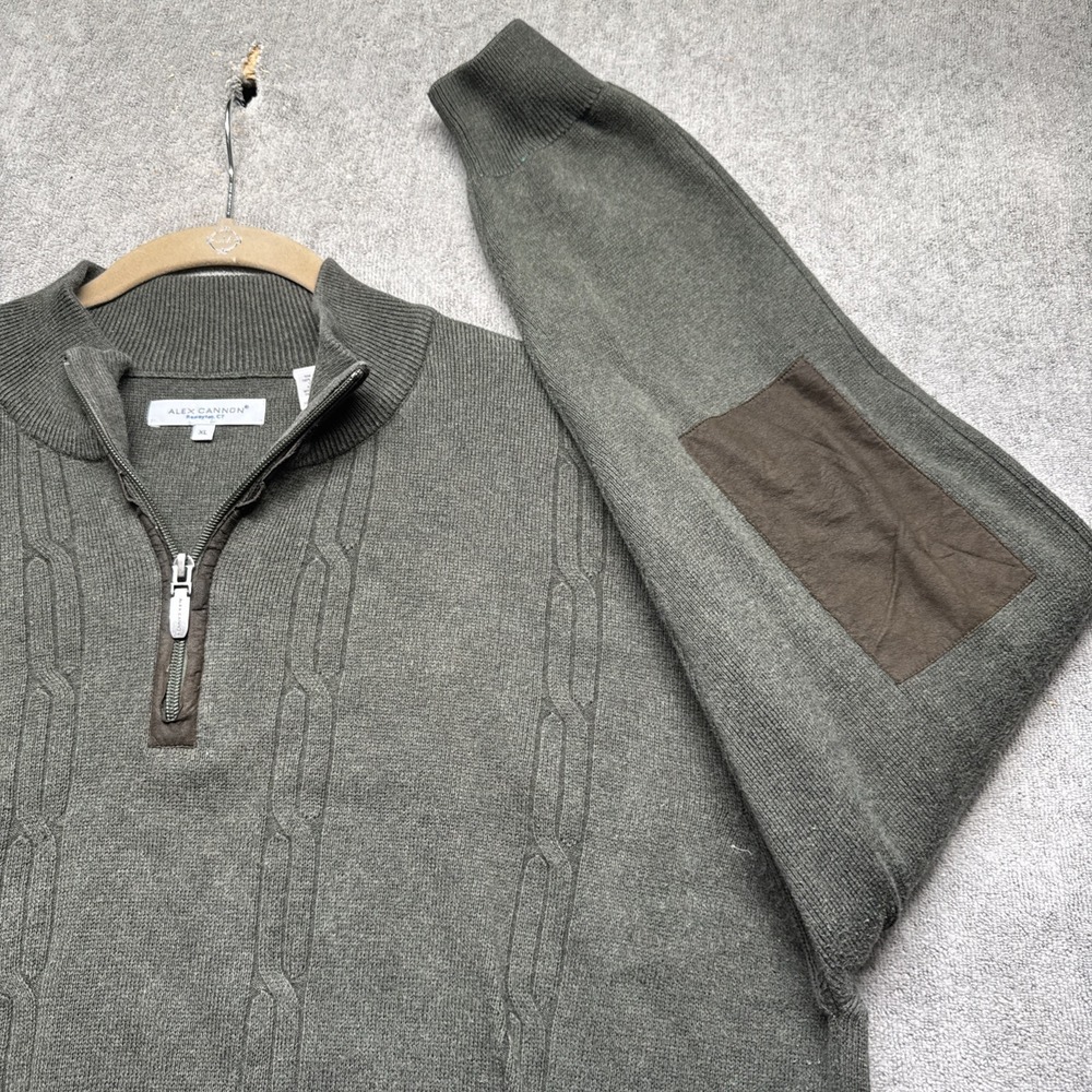Alex Cannon Men's Olive Green 1/4 Zip Sweater XL Heritage Academia Elbow Patch
